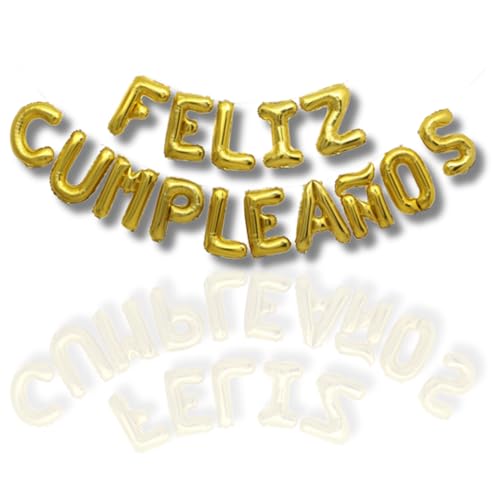 GLOBO Feliz aniversário em espanhol - 15 letras independentes de alumínio - inclui palhinha de enchimento e fita colorida do balão - insuflável com ar ou hélio (dourado)