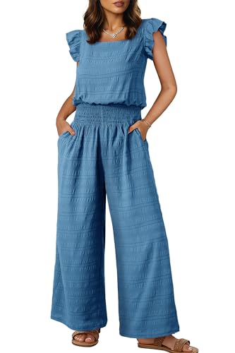 Catálogo de Monos para Mujer que puedes comprar esta semana. 44 Dokotoo Monos azules para mujer, monos casuales holgados de color liso, de pierna ancha, de una pieza, de manga corta, con cintura fruncida, pantalones largos y bolsillos, talla...