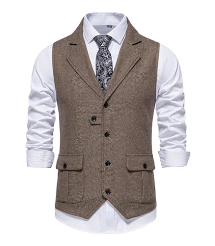 Mnjyihy Men's Herringbone Slim Fit Suit Vest Casual Business Single Breasted Lapel Banquets Weddings Formal Waistcoat