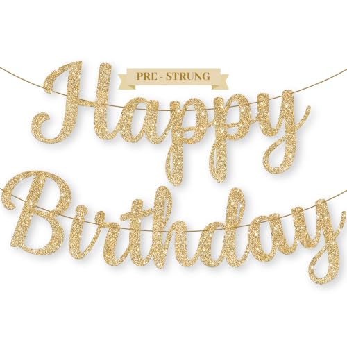 KatchOn Glitter Gold Cursive Happy Birthday Banner - Pre-Strung 10 Feet | Birthday Decorations for Women Men Boys and Girls | Hbd Banner Backdrop For Gold Party Decorations Happy Birthday Sign