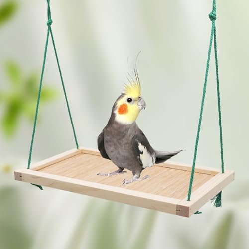 Image of Bird Swing Toys, Natural Wood + Bamboo Small Animals Hammock, Parrot Perch Stand, Cage Accessories for Small and Medium Birds Parrots Parakeets Cockatiels Budgie Hamster