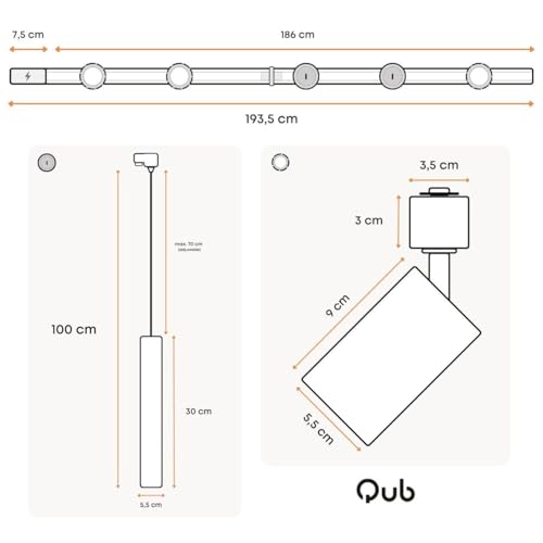 Qub Focus III 1-Phasen Led Schienensystem Komplettset - 200cm - Set 3 Spots und 2 Pendelleuchten - 2x 1m Licht Schienensystem - I-Form - GU10 & LED-Kompatibel - Erweiterbar & flexibel - Schwarz