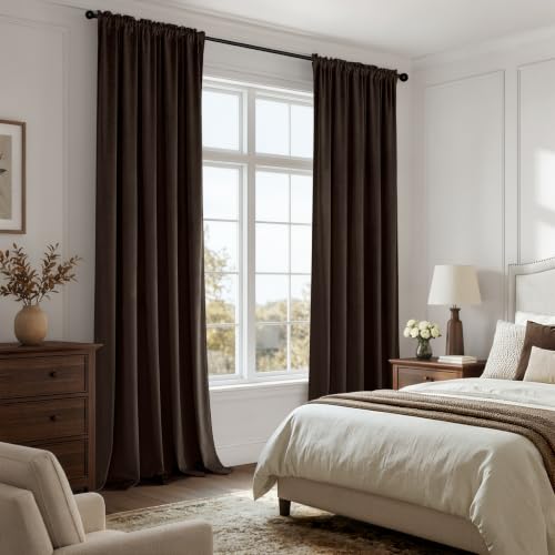 Image of MIULEE Brown Blackout Velvet Curtains Drapes 90 Inch Long 52 inchx90 inch Bedroom | Luxurious Bedroom Living Room Decor, Room Darkening, Thermal Insulated, Rod Pocket Design, Super Soft Fabric