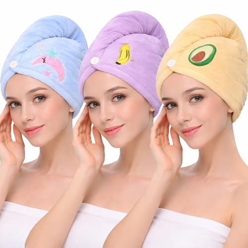 Image of RK Microfibre Hair Drying Towel Wrap, Quick Drying, Soft and Absorbent, Cute Embroidered Design, Button Closure (3)