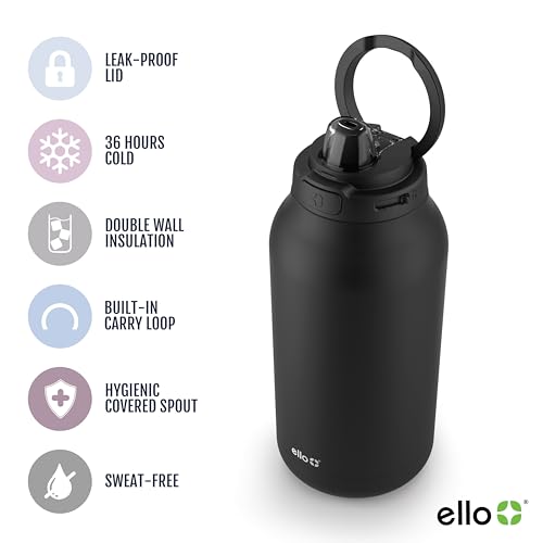 Image of Ello Hydra 64oz Stainless Steel Water Jug with Locking Leak Proof Lid | Reusable Half Gallon Vacuum Insulated Metal Bottle with Silicone Straw, Keeps Drinks Cold All Day, Gift Ready, Black
