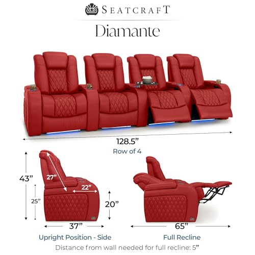 Image of Seatcraft Diamante Red Italian Leather Home Theater Seating, Zero Gravity Power Recliner Gaming and Home Office Chair, Powered Headrest Lounge Sofa Furniture for Cinema Room, Row of 4