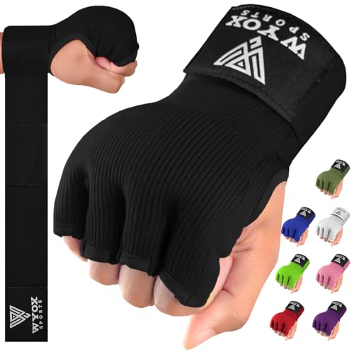 Image of WYOX Gel Boxing Hand Wraps Inner Gloves for Men & Women - 80cm /31inch Quick Wrist Strap, Padded Knuckle Support, Fingerless MMA Muay Thai Kickboxing Wraps for Training, Punching & Martial Arts