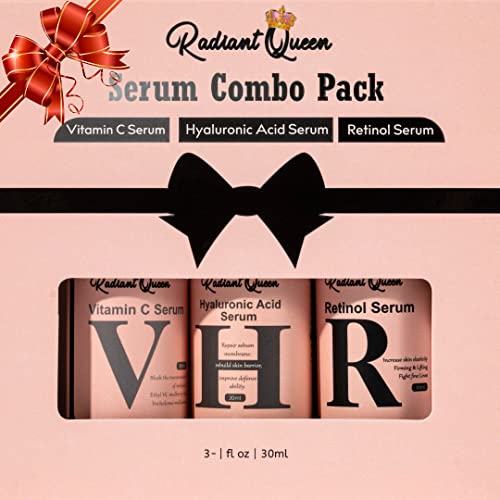 Radiant Queen Facial Serum Set - Facelift In A Bottle - Anti Aging Day And Night Serum - 3 Pack For Face Including Vitamin C Serum, Retinol Serum And Hyaluronic Acid Serum #TOP6