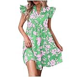 JOAU Women 2026 Summer Boho Print Beach Casual Short Dress Ruffle Cap Sleeve Notched V Neck Tiered Ruffle Swing Mini Dresses Green