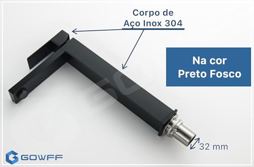 Torneira Misturador Monocomando Gowff Preto Fosco Quadrado Alto Para Banheiro GF-M1603PF