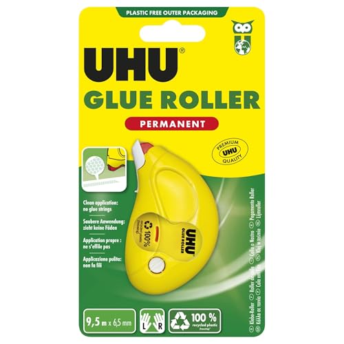 UHU Roller De Colle - Ruban Adhésif Permanent - Application Rapide Propre Et Précise - Instantanée - Sans Solvants - Transparente - 9,5 m X 6,5 mm