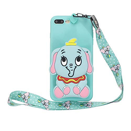GLORYSHOP iPhone 7 Plus Case,iPhone 8 Plus Case,3D Cute Cartoon Wallet Pocket with Long Strap Rope and Zipper Rubber Soft Silicone Phone Case Cover Protective for iPhone 7 Plus / 8 Plus,Blue Elephant