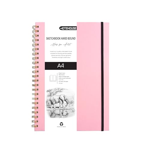 Image of Notehouse A4 Sketchbook Hard Bound Made for Artist 140 GSM Art Notebook (30x21 cm) | 80 White Unruled Pages | Thick Smooth Drawing Paper | Pink Hard Cover