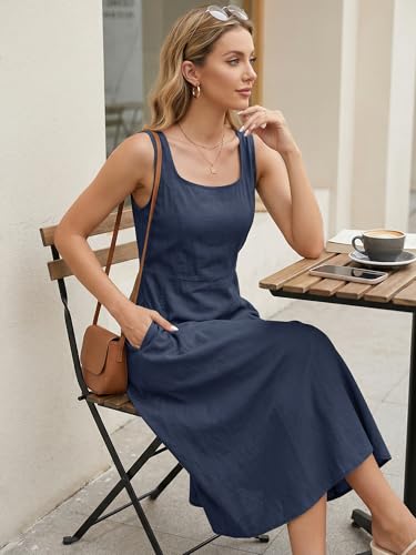 Image of Seta T Women's Linen Dresses Summer Sleeveless Sundress Casual Loose Flowy Midi Tank Beach Dress