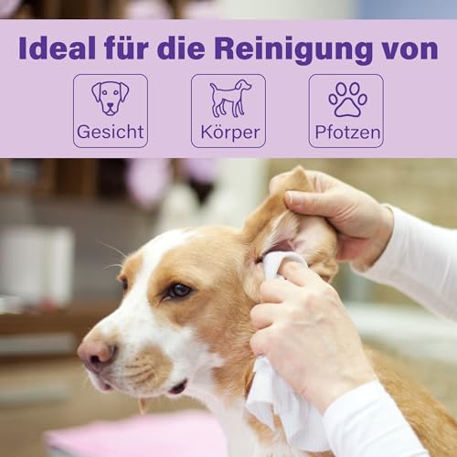 PrimePets Feuchttücher Hund 100 Stück, Pflegetücher Hund 20 x 20 cm, Lavendelduft, Katzen Feuchttücher zur Reinigung von Haut, Ohren, Augen, Po und Zähne