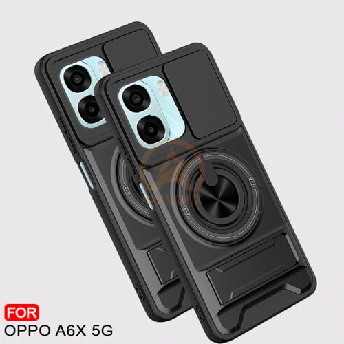 Image of Oppo A6X 5G / K14X 5G Back Cover | Armor Camera Slider 360 Degree Rotating Finger Ring Holder Case with Bracket Stand Back Case Cover (Compatible with MagSafe Accessories) (Black)