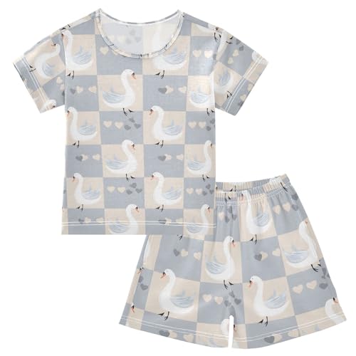 ALAZA Swan Plaid Love Heart Pajamas Set Short Sleeve Cotton Sleepwear Summer Pjs 2 Piece 5-14Y
