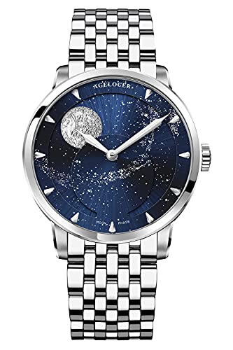 agelocer Orologio meccanico da uomo con fasi lunari blu, quadrante scolpito in metallo 3D da 40 mm, riserva di carica 80H, cristallo zaffiro, cinturino in acciaio 316L (LQ_6404A9), Lq_6404a9