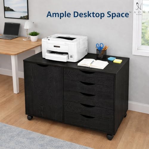 Image of Naomi Home Under Desk Rolling Office File Cabinet with 5 Drawers & Side Storage Cabinet, Mobile Organizer with Shelves & Swivel Casters for Home Office - Distressed Black