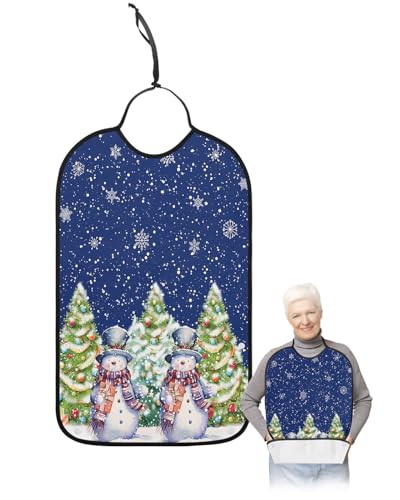 LEOKOTI Navy Blue Christmas Snowman Adult Bibs for Eating, Waterproof Bibs with Food Catcher & Adjustable Snap Closure, Xmas Winter Snowflake Tree Washable Clothing Protectors Adult Bibs for Elderly