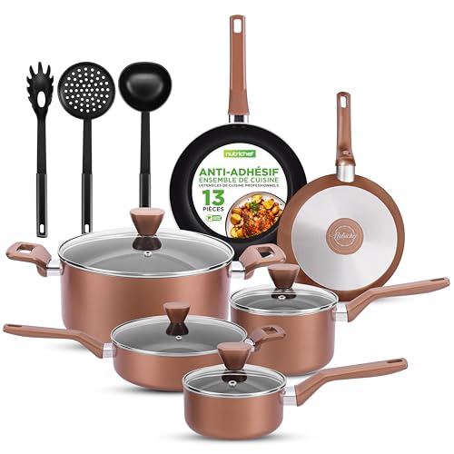Nutrichef Ensemble de Batterie de Cuisine Antiadhésive, Ensemble d’ Ustensils de Cuisine, Avec Casserole a Sauce, Poêles, Marmites, Casserole, Couvercles, Louche, Fourchette, Passoire
