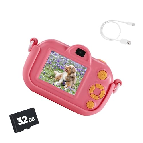 Appareil photo numérique enfants HD avec carte SD 32 Go et coque silicone rose