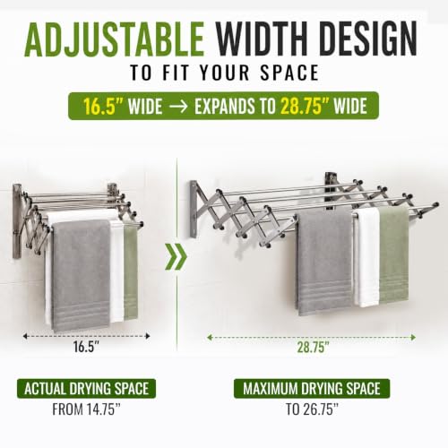 Image of Smartsome Wall Mounted Clothes Drying Rack | Adjustable to Fit Your Space | 20 Linear Feet Drying Capacity | 8 Stainless Steel Rods | 60 lb Capacity | Fully Assembled | Compact Space-Saving Design