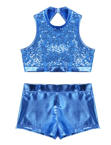 Kids Girls 2 Piece Gymnastics Dance Outfits Shiny Sequins Crop Top with Workout Bottoms Set3