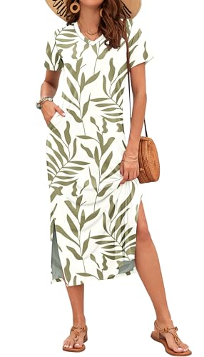 Image of MISFAY Womens Maxi Dress Short Sleeve V Neck Loose with Pockets | Soft stretchy breathable, v neck loose fit, side split hem, two side pockets, casual daily beach vacation travel dress