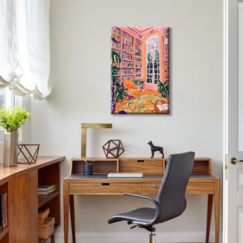 Image of Yaasilinage Henri Matisse Canvas Wall Art, Classic Pink Library Poster for Room Aesthetic, Retro Reading Book Wall Art, Bookish Literary Artwork, Famous Art Prints for Booknook 24x36in Wrapped Canvas