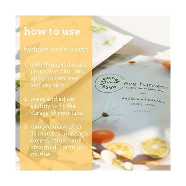 Eve Hansen Collagen Face Mask Sheets Set of 5 â Hydrating & Nourishing Care for All Skin Types â With Hyaluronic Acid, Tangerine Peel, Blueberry Extract & Spinach Leaf (5 pack, Stress Free Skin)