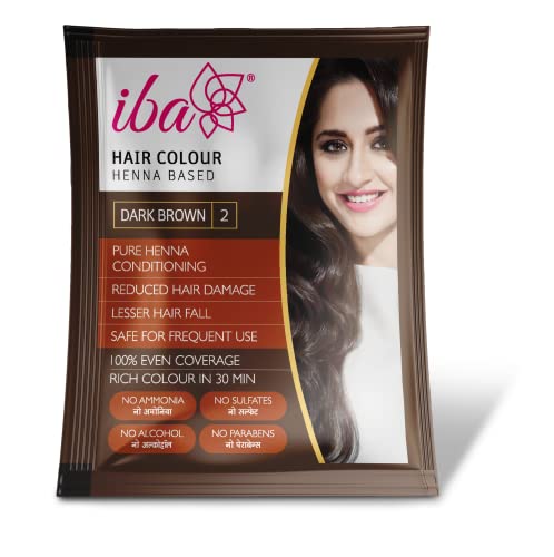 Image of Iba Hair Colour for Women - Dark Brown, 70g (Pack of 3) | 100% Pure Henna Based Powder Sachet | Natural Hair Colour & Long Lasting with Conditioning Formula| Reduced Hair Fall & Hair Damage | Shine & Nourish Hair | Free from Ammonia and Other Harmful Chemicals | Herbal Hair Powder for Hair Color | Dark Brown Henna