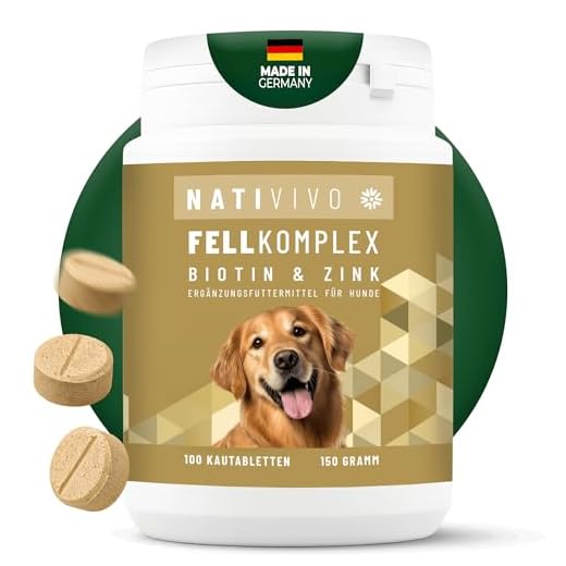 NatiVivo BIOTIN + Zink Hund Biotin Komplex für's Fell mit extra Folsäure & MSM - 100 Tabletten Vorratspackung - einfache Futterzugabe. Qualität Made in Germany.