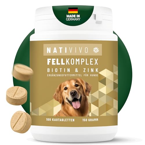 NATIVIVO Fellpflege Hund - Juckreiz Hund Fellpflege - Fellkomplex Biotin & Zink - Unterstützend bei Juckreiz - Biotin für Hunde Glänzendes Fell - 100 Tabletten Nahrungsergänzungsmittel für Hunde