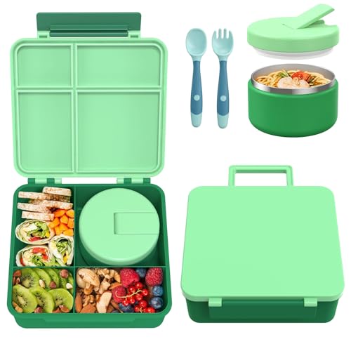 Image of Bento Lunch Box with 8oz Soup Thermo, Kids Leakproof Lunch Food Containers with 4 Compartment, Kids Thermo Insulated Hot Food Jar for School, Trvael-Green