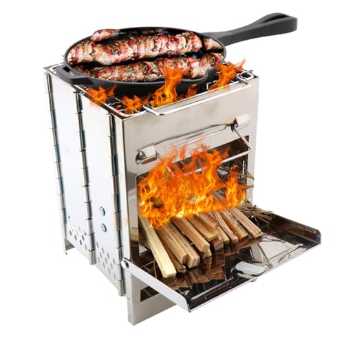Mipcase ステンレス製角型薪ストーブ ポータブル折り畳みグリル 屋外キャンプ用卓上コンロ 高耐熱 通気性良好 野菜 肉 海鮮焼き対応