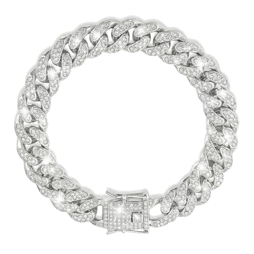 Image of Dog Chain Diamond Collar Walking Metal Chain Collar with Design Secure Buckle, Pet Collar Jewelry Accessories for Small Medium Large Dogs Cats (Silver, 8 Inch)