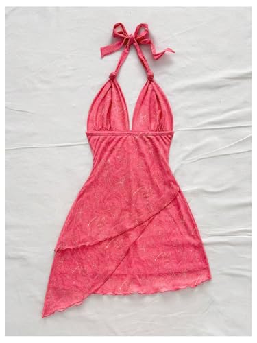 Image of SOLY HUX Women's Y2K Summer Beach Halter Mini Dress | Retro Floral Dress, V Neck, Backless, Club Nightout, Sexy Going Out Clothes, Birthday Dress