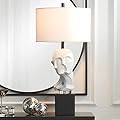 Possini Euro Design Faces Statue Modern Table Lamp 31" Tall White Sculptural Faux Marble Clear Linen Hardback Drum Shade Decor for Living Room Bedroom House Bedside Nightstand Home Office Entryway