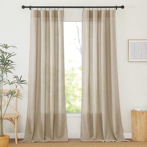 RYB HOME Linen Sheer Curtains 2 Panels for Living Room, Semi Transparent Privacy Drapes with Rod Pocket Farmhouse Style Window Treatments for Bedroom, Taupe, 52" W x 120" L