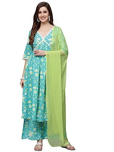 Image of Stylum Women's Floral Printed Cotton Pleated Kurta Palazzo Dupatta Set