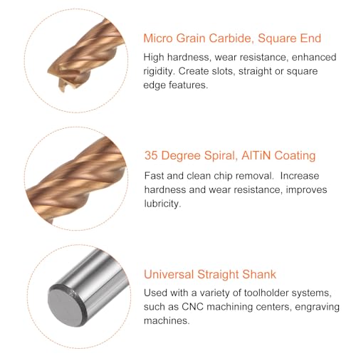 Image of HARFINGTON Micro Grain Carbide Square End Mill 1 /8 inch x 15 /32 inch (3mm x 12mm) Cut 1 /8 inch (3mm) Shank 3 inch (75mm) Length AlTiN Coated 4 Flutes Square Nose Cutter for Alloy Steel Hardened Steel