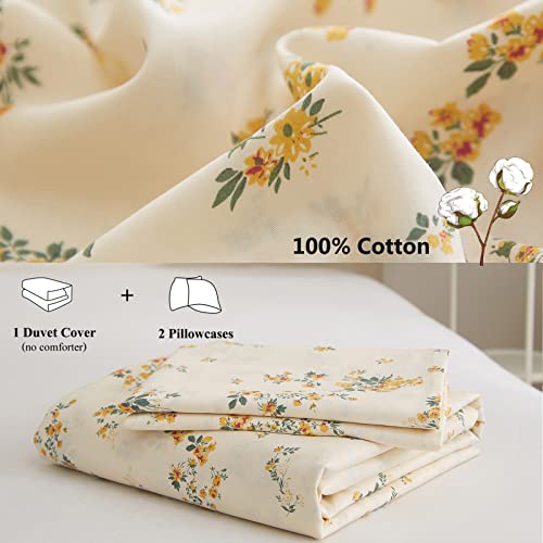Image of VM VOUGEMARKET Botanical Duvet Cover Set Twin,Cottagecore Yellow Flowers Duvet Cover with 2 Pillowcases,100% Cotton Bedding Set,Chic Garden Floral Comforter Cover for Girls 68x86