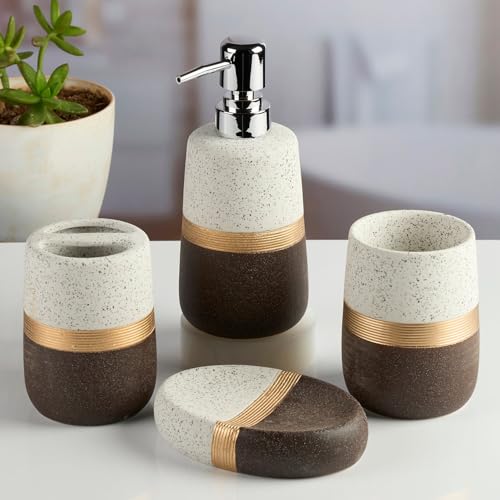 Image of SaSaSa Ceramic Bathroom Accessories Set of 4 - Stylish Bath Set with Liquid Soap Dispenser, Toothbrush Holder, Tumbler and Soap Dish for Modern Bathroom Decor, White /Grey (11986)