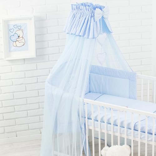 Generisch Juego completo de ropa de cama de bebé de 10 piezas, 100 % algodón, diseño de oso de peluche bordado con corazón azul (60 x 120 cm)