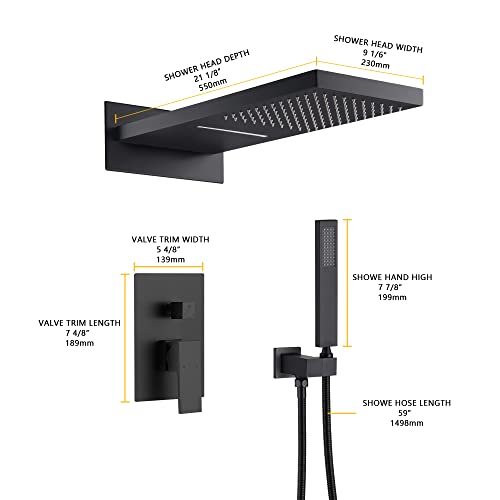 Cascada 9”x22” Luxury Shower system (Wall Mounted) con válvula de un solo mango, 3 funciones (Lluvia, Cascada y ducha de mano) (Bronce frotado en aceite) miniatura 3