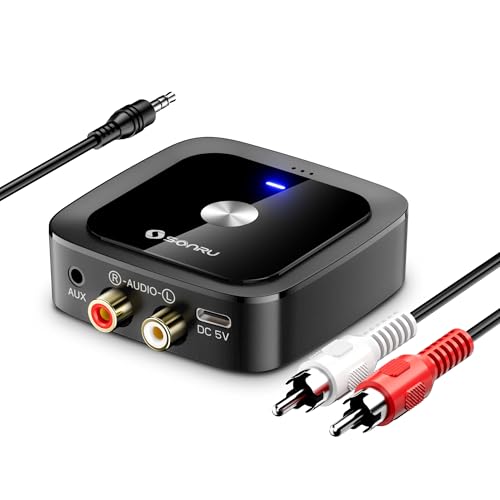 SONRU Bluetooth 6.0 Adapter Empfänger Klinke Aux Bluetooth Receiver Audio Adapter Stereo mit 3 5mm Klinke und RCA Kabel für Stereoanlage Lautsprecher Autoradio Verstärker