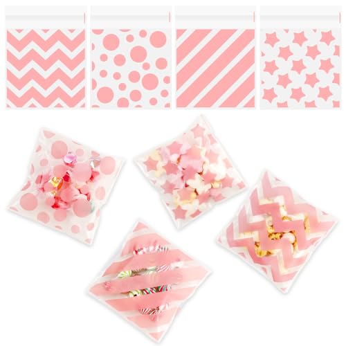 Valentines Cellophane Treat Bags, 100Pcs Pink Cookie Gift Bag With Seal, Plastic Dot Stripes Self Sealing Cookie Candy Goodie Snack Bag For Valentine's Day Birthday Wedding Party Supplies 3.9 X 4.7 In