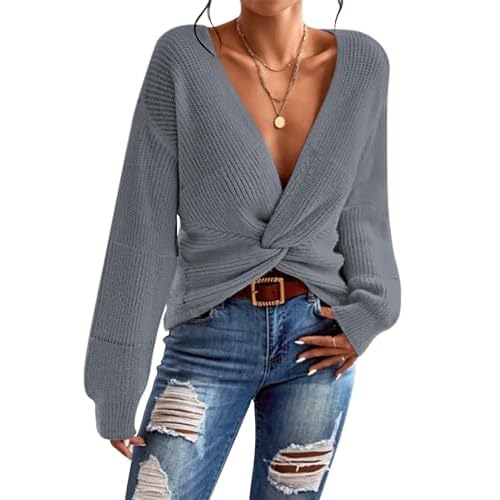 Pink Queen Women's 2024 Casual Pullover Sweaters Sexy V Neck Long Sleeve Twsit Knot Cropped Knit Sweater Tops Small Beige