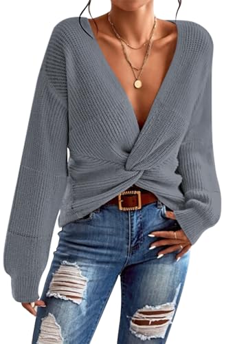 Pink Queen Women's Fall Fashion Pullover Formal Sweaters Sexy Deep V Neck Long Lantern Sleeve Twsit Knot Wrap Cropped Knit Sweater Tops Gray S